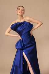 Luxury Royal Blue Strapless A-line Satin Prom Dress Sleeveless Side Split With Lace-Up Back