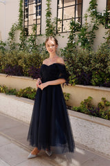 Gorgeous Navy Blue Off-The-Shoulder Tulle Prom Dress Sleeveless A-Line Beads With Zipper