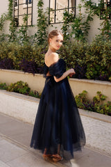 Gorgeous Navy Blue Off-The-Shoulder Tulle Prom Dress Sleeveless A-Line Beads With Zipper