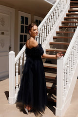 Gorgeous Navy Blue Off-The-Shoulder Tulle Prom Dress Sleeveless A-Line Beads With Zipper