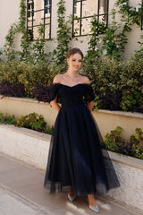 Gorgeous Navy Blue Off-The-Shoulder Tulle Prom Dress Sleeveless A-Line Beads With Zipper