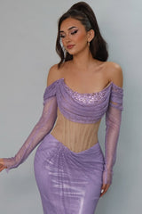 Romantic Lilac Strapless Long Sleeves Prom Dresses Mermaid Gem With Pleats