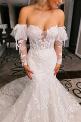 Charming Strapless Mermaid Tulle Wedding Dress Open Back Lace Appliques With Detachable Long Sleeves