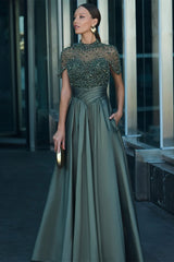 Chic Dark Green High Collar Satin A-Line Prom Dresses Short Sleeves Beading With Pleats