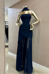 Charming Dark Navy Strapless Sleeveless Stain Prom Dresses Sheath Long On Sale