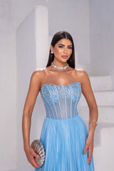 Elegant Blue Strapless Sleeveless Prom Dresses Long A-Line Gem With Zipper
