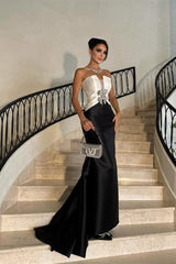 Glamorous White Black Satin Strapless Sleeveless Prom Dress Mermaid With Bow Knot