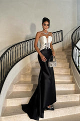 Glamorous White Black Satin Strapless Sleeveless Prom Dress Mermaid With Bow Knot