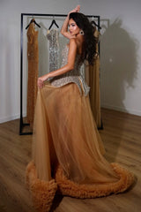 Sparking Bronze Strapless Sleeveless Tulle Prom Dress A-Line Long With Gem