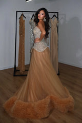 Sparking Bronze Strapless Sleeveless Tulle Prom Dress A-Line Long With Gem