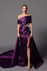 Classy Grape Off-The-Shoulder Satin Mermaid Prom Dress Detachable Skirt With Side Split
