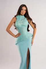 Modern Tiffany Blue High Collar Sleeveless Satin Mermaid Prom Dress Lace High Split With Flower