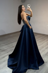 Classy Navy Blue Sweetheart Strapless Sleeveless Satin Prom Dress A-Line High Split Gem With Lace-Up Back Pockets