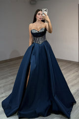 Classy Navy Blue Sweetheart Strapless Sleeveless Satin Prom Dress A-Line High Split Gem With Lace-Up Back Pockets