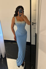 Dazzling Blue Square Straps Sleeveless Satin Prom Dresses Mermaid Sheath With Gem