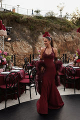 Glamorous Burgundy Sweetheart Halter Satin Prom Dress Mermaid Lace With Gloves
