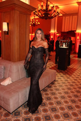 Luxury Black Sweetheart Strapless Lace Mermaid Prom Dresses Sheath With Gloves