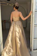 Luxury Asymmetrical Strapless Sleeveless Satin Prom Dresses A-Line Slit Gem With Zipper Pleats