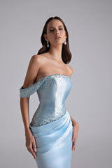 Glamorous Sky Blue Off-The-Shoulder Satin Mermaid Prom Dress Beading With Zipper