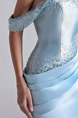 Glamorous Sky Blue Off-The-Shoulder Satin Mermaid Prom Dress Beading With Zipper