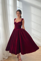 Classy Burgundy Straps Sweetheart Sleeveless Velvet Prom Dresses A-Line With Pleats