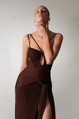 Charming Chocolate Spaghetti-Strap Sleeveless Satin Prom Dress Side Split With Pleats Zipper