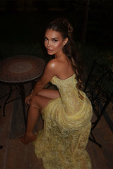 Dreamy Daffodil Sweetheart Strapless Sleeveless Lace Prom Dress Mermaid Side Split With Lace-Up Back