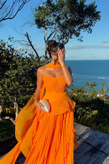Charming Orange Strapless Sleeveless Chiffon Prom Dress A-Line With Zipper Pleats