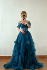 Romantic Ink Blue Off-The-Shoulder Sweetheart Tulle Prom Dress A-Line Pleats With Lace-Up Back
