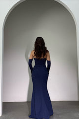 Classy Dark Navy Strapless Mermaid Prom Dress Detachable Sleeves With Beads Zipper