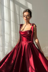 Elegant Burgundy Straps Sleeveless Satin Prom Dresses A-Line Ankle Length With Beads