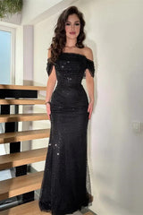 Timeless Black Off-The-Shoulder Sequins Prom Dress Mermaid Column With Zipper
