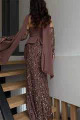 Glamorous Chocolate Strapless Sequins Mermaid Prom Dresses Sheath With Zipper Gloves
