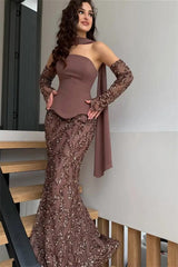 Glamorous Chocolate Strapless Sequins Mermaid Prom Dresses Sheath With Zipper Gloves