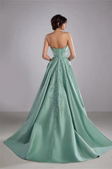 Romantic Tiffany Strapless Sleeveless A-Line Prom Dresses High Split Appliques With Zipper
