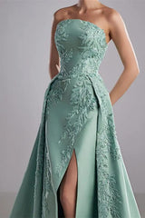 Romantic Tiffany Strapless Sleeveless A-Line Prom Dresses High Split Appliques With Zipper