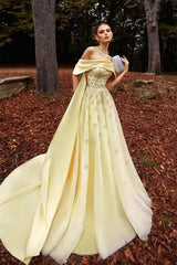 Luxury Daffodil Off-The-Shoulder A-Line Prom Dresses Beads With Ruffle Zipper