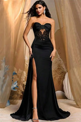 Sparkling Black Sweetheart Strapless Sleeveless Satin Mermaid Prom Dresses Lace High Split With Flower