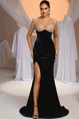 Romantic Black Jewel Long Sleeves Velvet Prom Dresses Mermaid High Split With Pearls