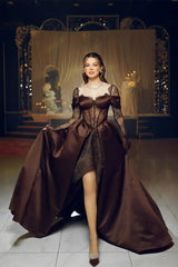 Elegant Chocolate Sweetheart Hi-Lo Satin Lace Prom Dress Long Sleeves With Lace-Up Back