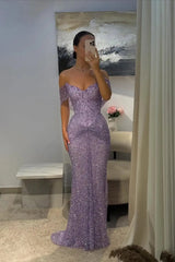 Beautiful Lilac V-Neck Off-The-Shoulder Sequins Prom Dress Mermaid Column With Beads