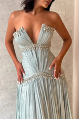 Sparkling V-Neck Strapless Sleeveless Prom Dress A-Line Gem With Pleats