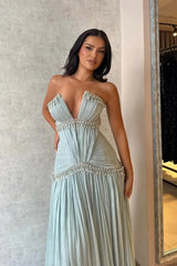 Sparkling V-Neck Strapless Sleeveless Prom Dress A-Line Gem With Pleats