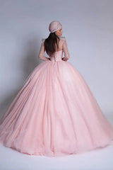 Luxury Pink High Collar Long Sleeves Prom Dresses Ball Gown Gem With Lace-Up Back