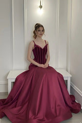 Romantic Burgundy Spaghetti-Straps V-Neck Prom Dress A-Line Sleeveless With Pleats