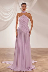 Sparkling Strapless Sleeveless Chiffon Prom Dress A-Line Beads With Pleats Zipper