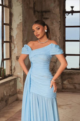 Pretty Sky Blue Off-The-Shoulder Chiffon Prom Dress A-Line High Split With Ruffle Pleats