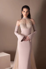 Luxury Halter Mermaid Satin Prom Dresses Detachable Sleeves With Beads Ruffle