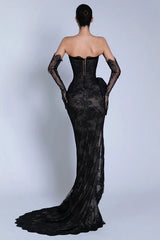 Romantic Black Strapless Mermaid Prom Dress High Split With Lace-Up Back Gloves