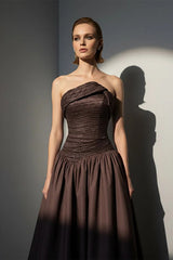 Luxury Brown Strapless Sleeveless Satin Prom Dress A-Line Beads With Zipper Pleats
